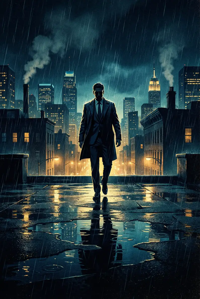 小蓝视频 出品影片《雨夜独行者》海报，雨中城市屋顶男性剪影